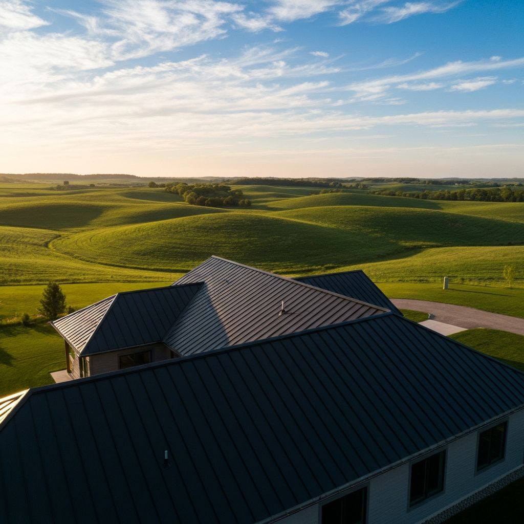 Beautiful residential home with a professionally installed metal roof by Horizon Roofing LLC in Iowa